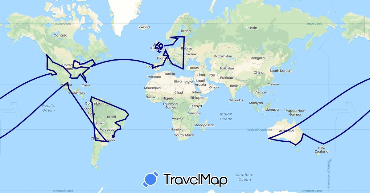 TravelMap itinerary: driving in Argentina, Australia, Belgium, Brazil, Canada, Chile, Colombia, Denmark, Spain, Finland, France, United Kingdom, Greece, Ireland, Italy, Mexico, Netherlands, Norway, New Zealand, Portugal, Sweden, United States, Uruguay (Europe, North America, Oceania, South America)