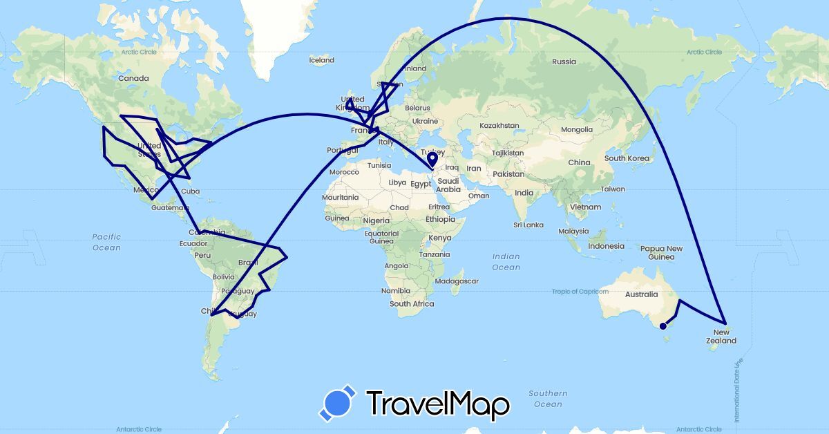 TravelMap itinerary: driving in Argentina, Australia, Belgium, Brazil, Canada, Switzerland, Chile, Colombia, Germany, Denmark, Spain, France, United Kingdom, Ireland, Israel, Italy, Mexico, Netherlands, Norway, New Zealand, Portugal, Sweden, United States (Asia, Europe, North America, Oceania, South America)