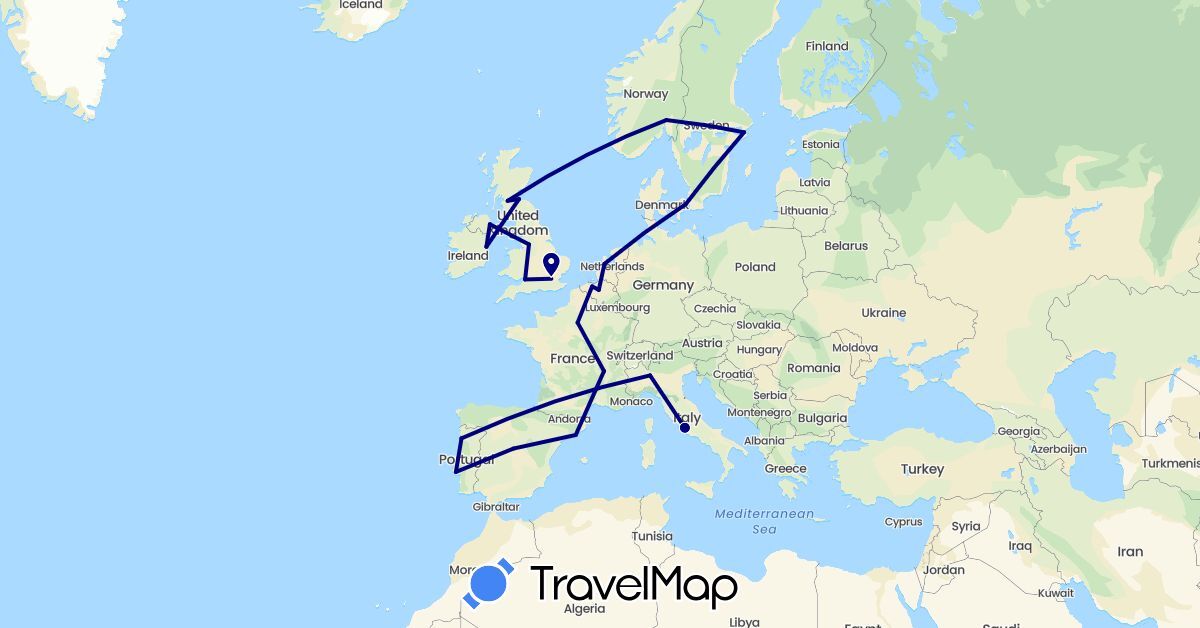 TravelMap itinerary: driving in Belgium, Denmark, Spain, France, United Kingdom, Ireland, Italy, Netherlands, Norway, Portugal, Sweden (Europe)